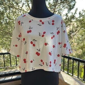 White Red Cherry Print Boxy Crop T-Shirt